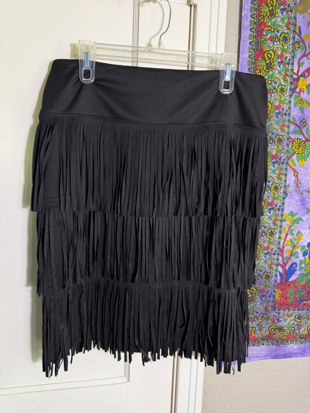 Athena Marie XL Black Fringe Skirt Tiered Western Cowgirl Rodeo Stretch